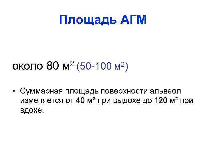 Площадь АГМ около 80 м 2 (50 100 м 2) • Суммарная площадь поверхности