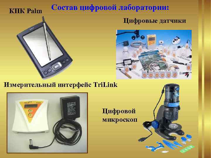 КПК Palm Состав цифровой лаборатории: Цифровые датчики Измерительный интерфейс Tri. Link Цифровой микроскоп 