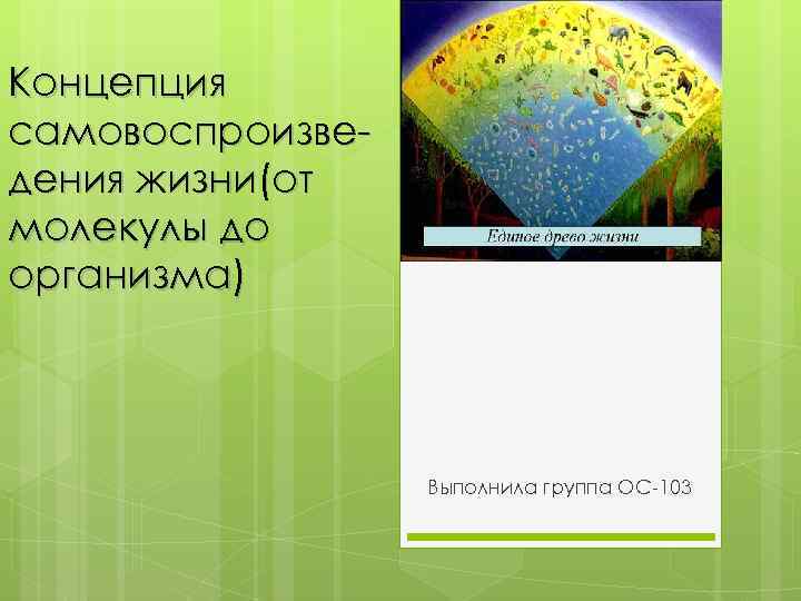 Концепция самовоспроизведения жизни(от молекулы до организма) Выполнила группа ОС-103 