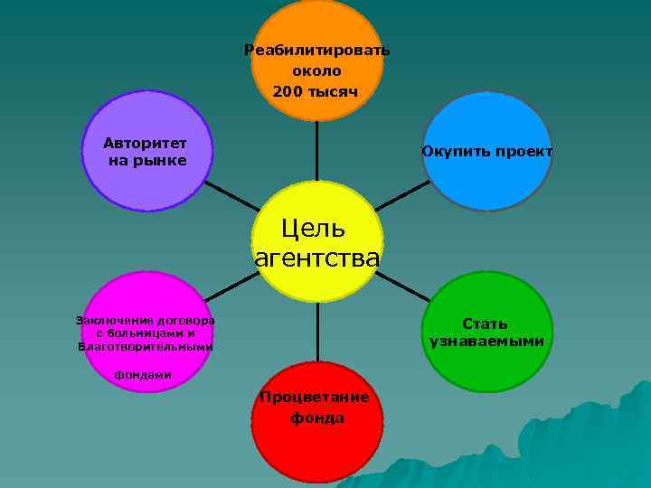 Реабилитировать около 200 тысяч Авторитет на рынке Окупить проект Цель агентства Заключение договора с