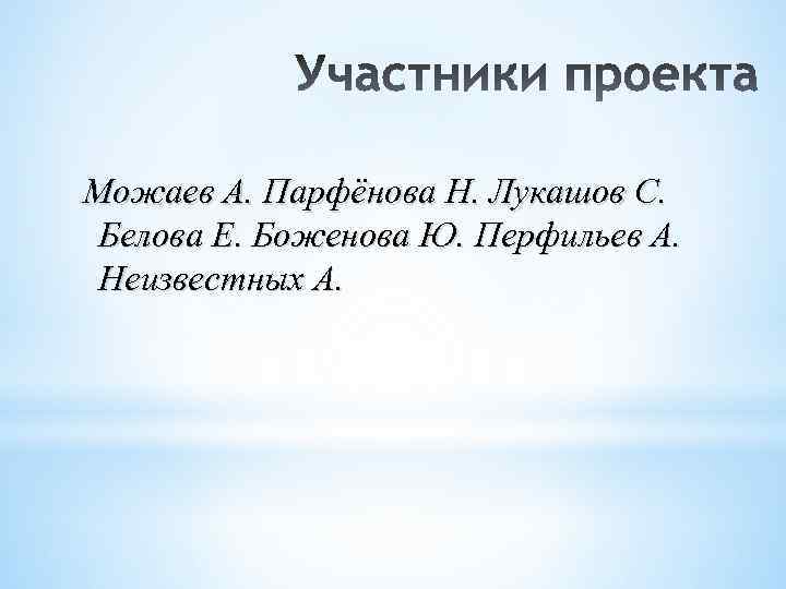 Можаев А. Парфёнова Н. Лукашов С. Белова Е. Боженова Ю. Перфильев А. Неизвестных А.