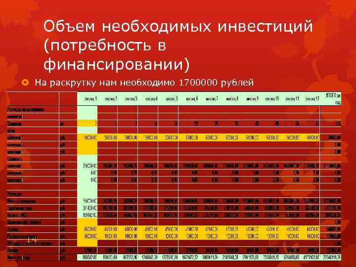 Объем необходимых инвестиций (потребность в финансировании) На раскрутку нам необходимо 1700000 рублей 14 