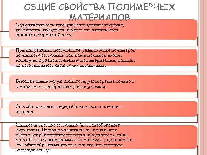 ОБЩИЕ СВОЙСТВА ПОЛИМЕРНЫХ МАТЕРИАЛОВ С увеличением полимеризации (длины молекул) увеличение твердости, прочности, химической стойкости