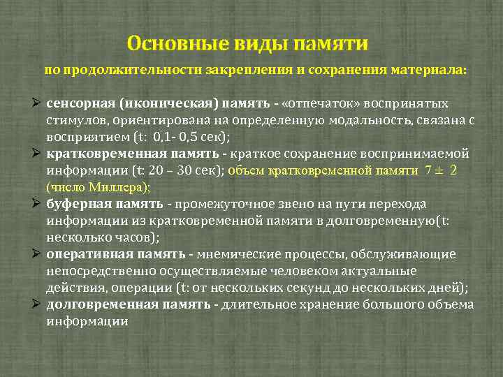 Иконическая память. Основные операции памяти. Виды памяти по продолжительности сохранения материала. Назовите виды памяти по продолжительности сохранения материала.. Операции памяти в психологии.