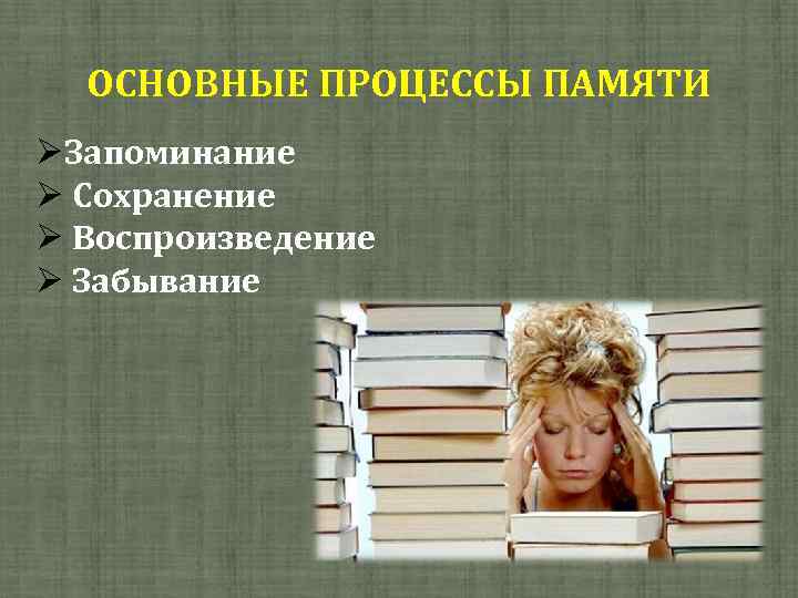 ОСНОВНЫЕ ПРОЦЕССЫ ПАМЯТИ Запоминание Сохранение Воспроизведение Забывание 