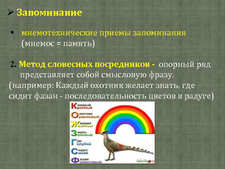  Запоминание § мнемотехнические приемы запоминания (мнемос = память) 2. Метод словесных посредников -