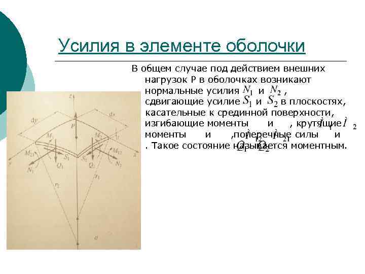 Под действием внешних. Усилия в оболочке. Условие симметрии граничные условия. Внутренние усилия в элементе. Усилия, действующие в оболочке..