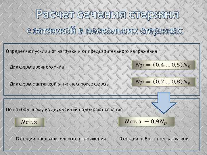 Расчет сечения стержня с затяжкой в нескольких стержнях Определяют усилии от нагрузки и от