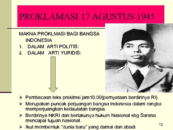 PROKLAMASI 17 AGUSTUS 1945 MAKNA PROKLMASI BAGI BANGSA INDONESIA 1. DALAM ARTI POLITIS: 2.