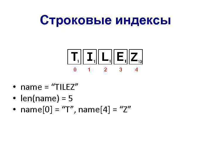 Строковые индексы 0 1 2 3 • name = “TILEZ” • len(name) = 5