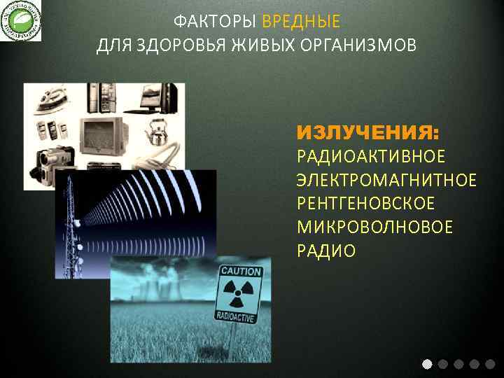 ФАКТОРЫ ВРЕДНЫЕ ДЛЯ ЗДОРОВЬЯ ЖИВЫХ ОРГАНИЗМОВ ИЗЛУЧЕНИЯ: РАДИОАКТИВНОЕ ЭЛЕКТРОМАГНИТНОЕ РЕНТГЕНОВСКОЕ МИКРОВОЛНОВОЕ РАДИО 