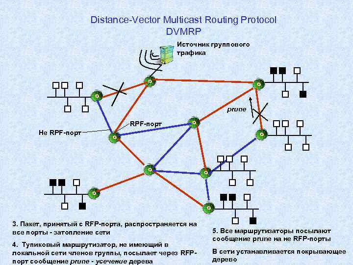 Distance-Vector Multicast Routing Protocol DVMRP Источник группового трафика prune RPF-порт Не RPF-порт 3. Пакет,