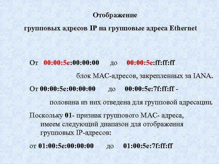 Отображение групповых адресов IP на групповые адреса Ethernet От 00: 5 e: 00: 00