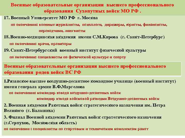Военные образовательные организации высшего профессионального образования Сухопутных войск МО РФ. 17. Военный Университет МО