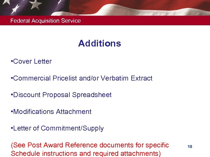 Federal Acquisition Service Additions • Cover Letter • Commercial Pricelist and/or Verbatim Extract •