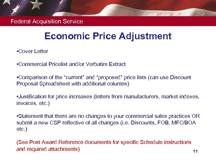 Federal Acquisition Service Economic Price Adjustment • Cover Letter • Commercial Pricelist and/or Verbatim