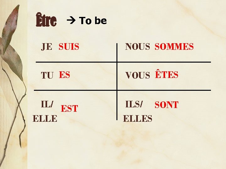 Être To be JE SUIS NOUS SOMMES TU ES VOUS ÊTES IL/ EST ELLE