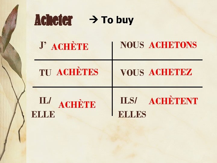 Acheter To buy J’ ACHÈTE NOUS ACHETONS TU ACHÈTES VOUS ACHETEZ IL/ ACHÈTE ELLE