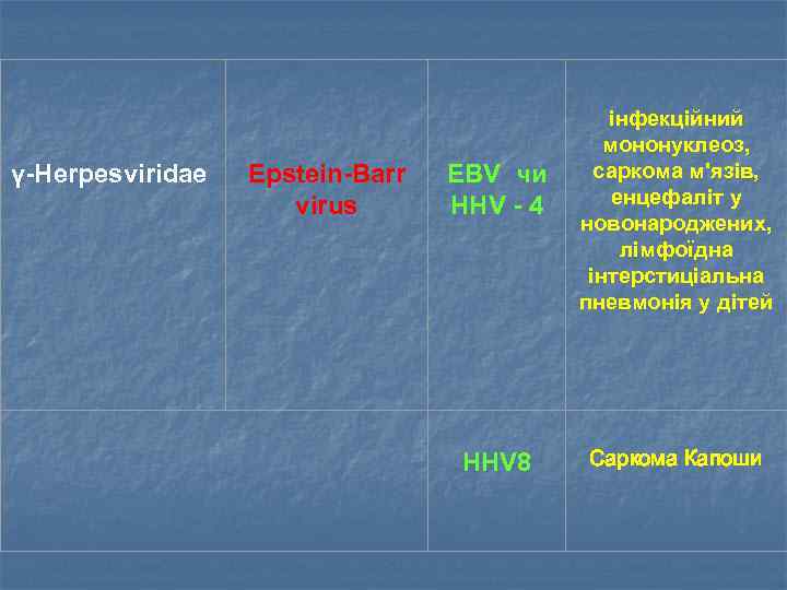 γ-Herpesviridae Epstein-Barr virus EBV чи HHV - 4 інфекційний мононуклеоз, саркома м'язів, енцефаліт у