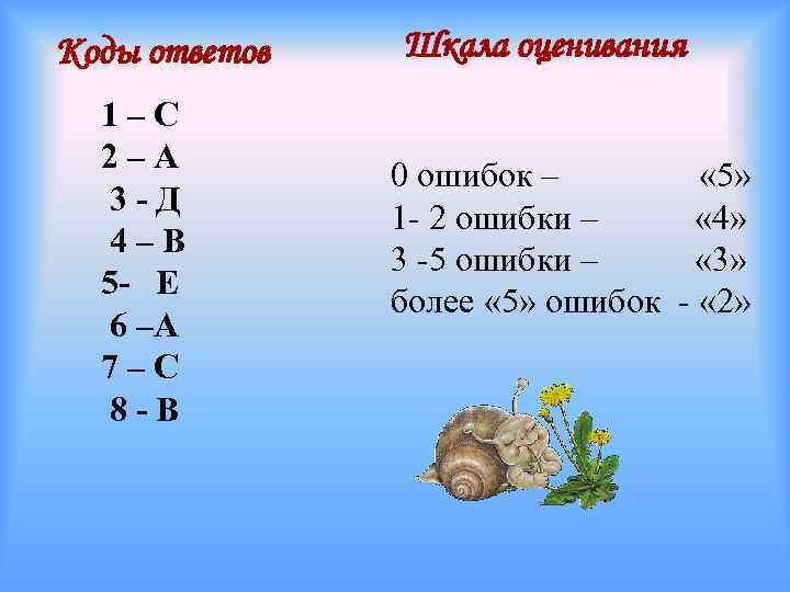 Коды ответов 1–С 2–А 3 -Д 4–В 5 - Е 6 –А 7–С 8