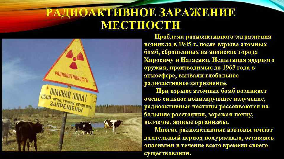 РАДИОАКТИВНОЕ ЗАРАЖЕНИЕ МЕСТНОСТИ Проблема радиоактивного загрязнения возникла в 1945 г. после взрыва атомных бомб,