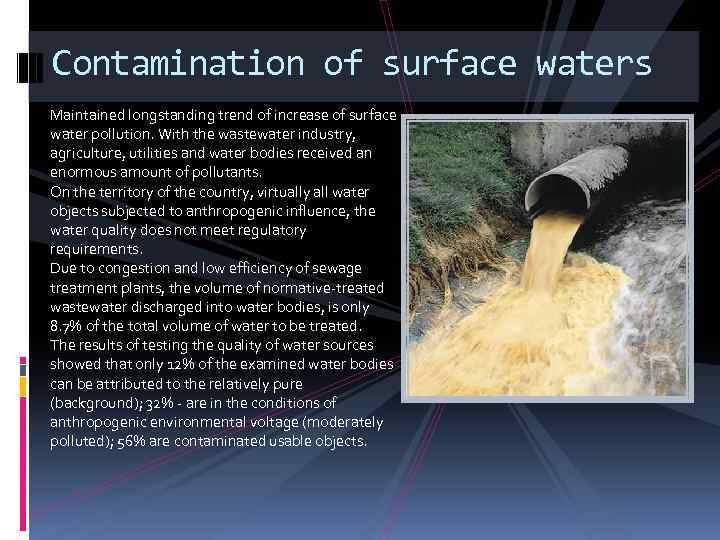Contamination of surface waters Maintained longstanding trend of increase of surface water pollution. With