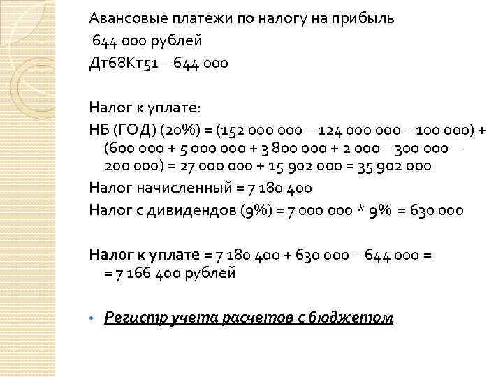 Авансовые платежи по налогу на прибыль 644 000 рублей Дт68 Кт51 – 644 000