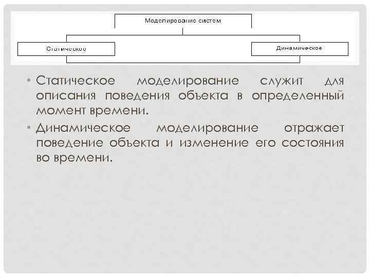  • Статическое моделирование служит для описания поведения объекта в определенный момент времени. •