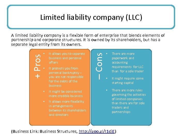 Limited liability company (LLC) • It allows you to separate business and personal affairs