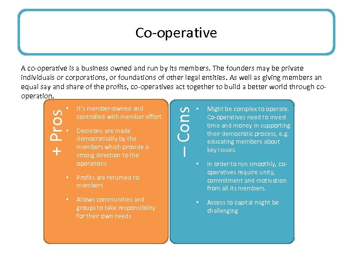 Co-operative • Decisions are made yonnn democratically by the members which provide a strong