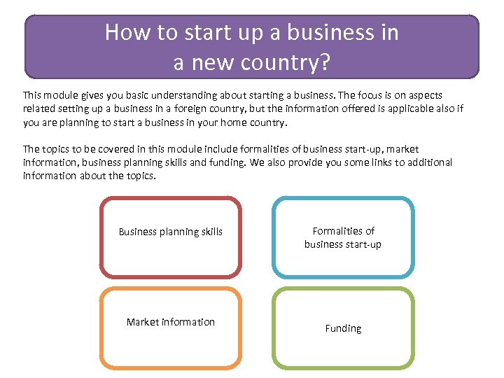 How to start up a business in a new country? This module gives you