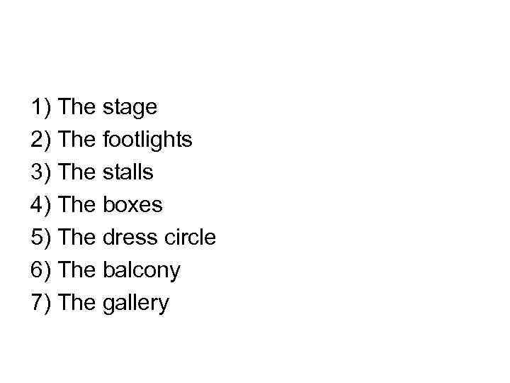 1) The stage 2) The footlights 3) The stalls 4) The boxes 5) The