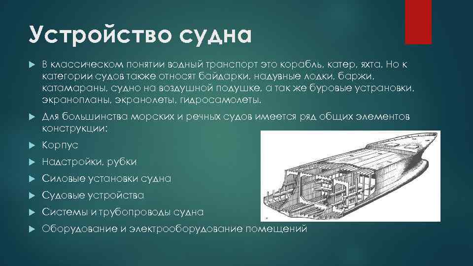 Устройство судна В классическом понятии водный транспорт это корабль, катер, яхта. Но к категории