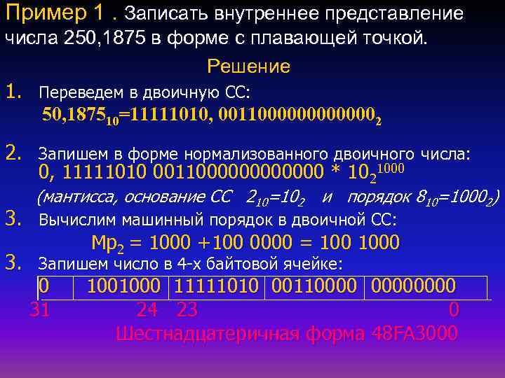 Пример 1. Записать внутреннее представление числа 250, 1875 в форме с плавающей точкой. Решение