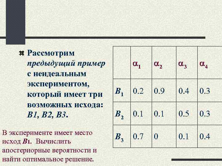 Рассмотрим предыдущий пример с неидеальным экспериментом, который имеет три возможных исхода: B 1, B