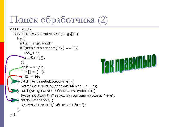 Поиск обработчика (2) class Ex 9_1{ public static void main(String args[]) { try {