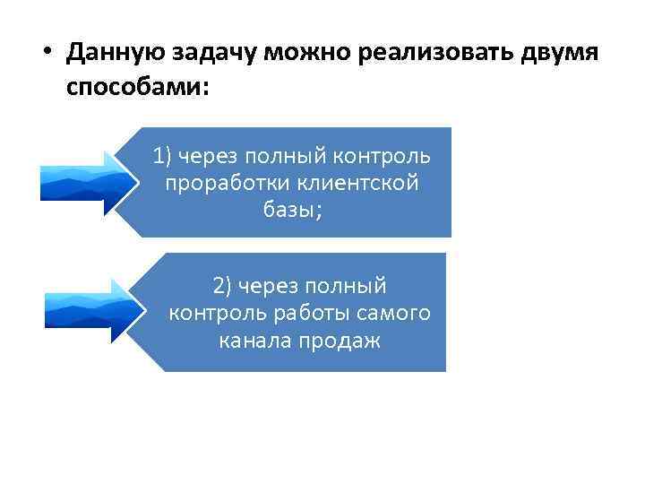  • Данную задачу можно реализовать двумя способами: 1) через полный контроль проработки клиентской