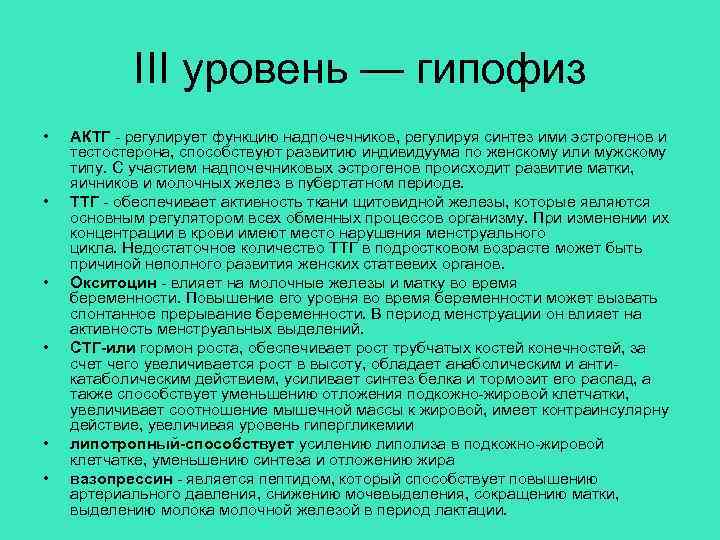 III уровень — гипофиз • • • АКТГ - регулирует функцию надпочечников, регулируя синтез