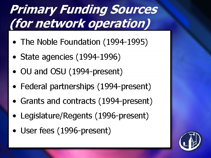 Primary Funding Sources (for network operation) • The Noble Foundation (1994 -1995) • State