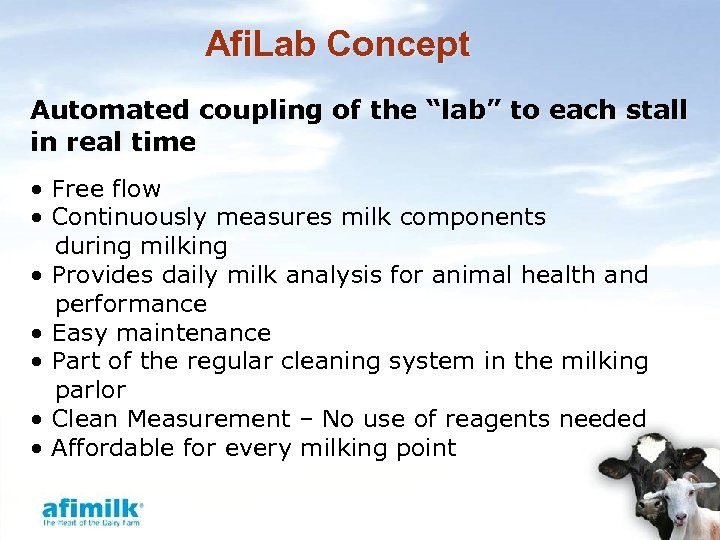 Afi. Lab Concept Automated coupling of the “lab” to each stall in real time