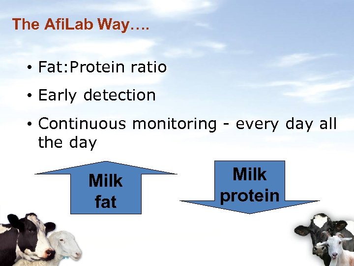 The Afi. Lab Way…. • Fat: Protein ratio • Early detection • Continuous monitoring