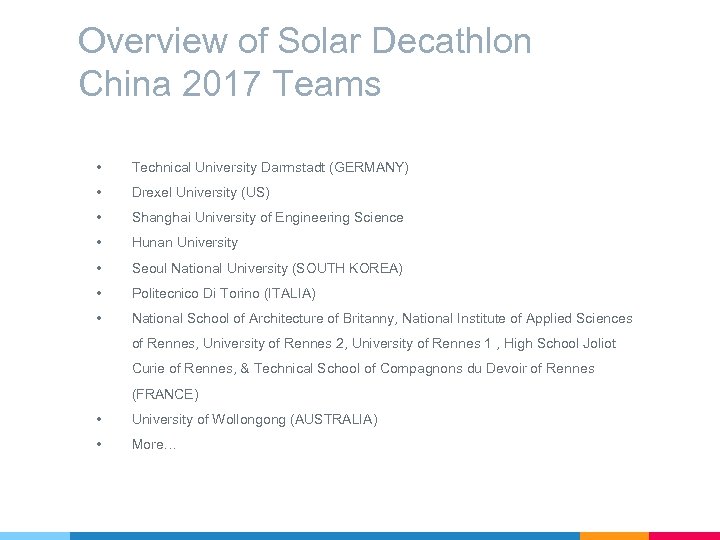 Overview of Solar Decathlon China 2017 Teams • Technical University Darmstadt (GERMANY) • Drexel