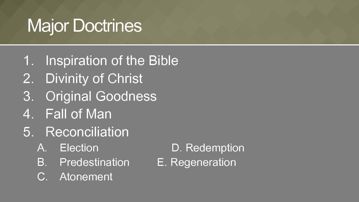 Major Doctrines 1. 2. 3. 4. 5. Inspiration of the Bible Divinity of Christ