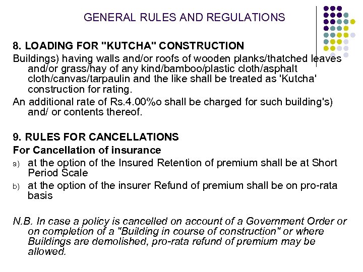 GENERAL RULES AND REGULATIONS 8. LOADING FOR "KUTCHA" CONSTRUCTION Buildings) having walls and/or roofs