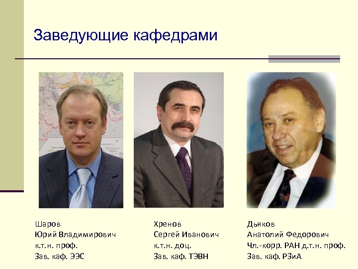 Заведующие кафедрами Шаров Юрий Владимирович к. т. н. проф. Зав. каф. ЭЭС Хренов Сергей