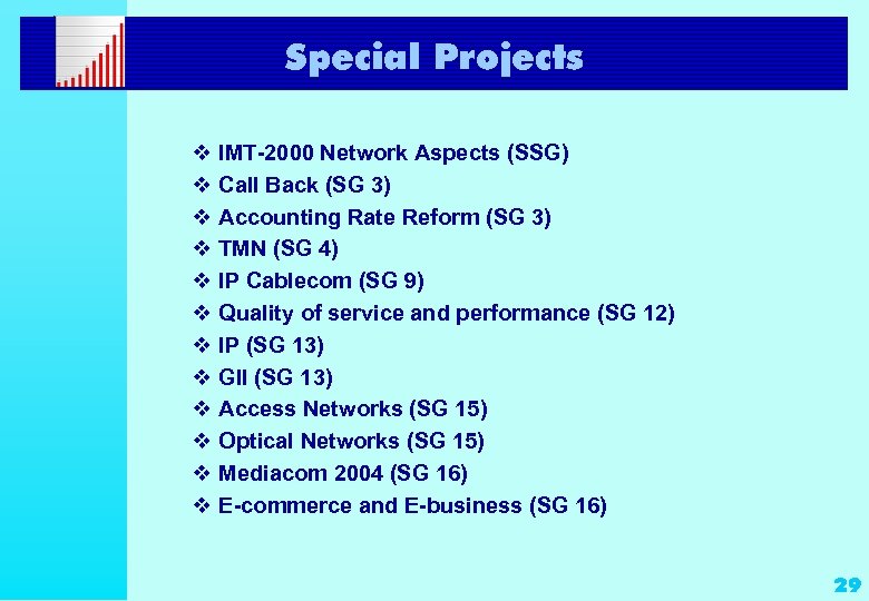 Special Projects v IMT-2000 Network Aspects (SSG) v Call Back (SG 3) v Accounting