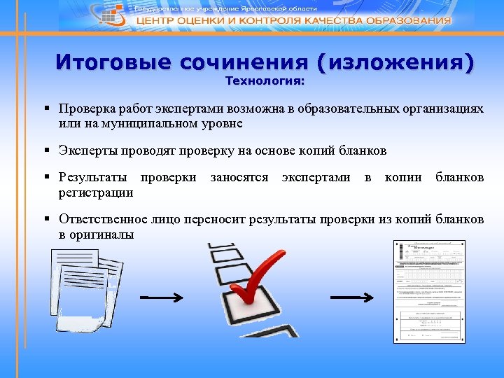 Итоговые сочинения (изложения) Технология: § Проверка работ экспертами возможна в образовательных организациях или на