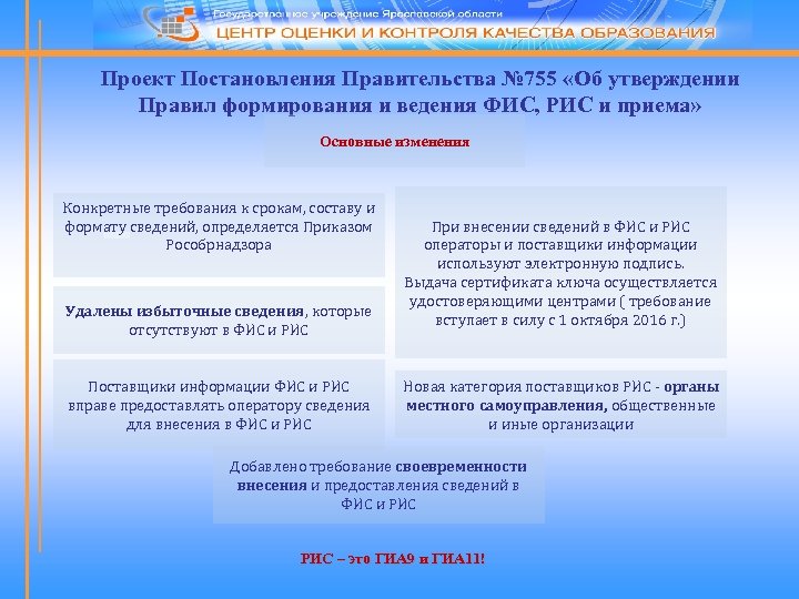 Проект Постановления Правительства № 755 «Об утверждении Правил формирования и ведения ФИС, РИС и