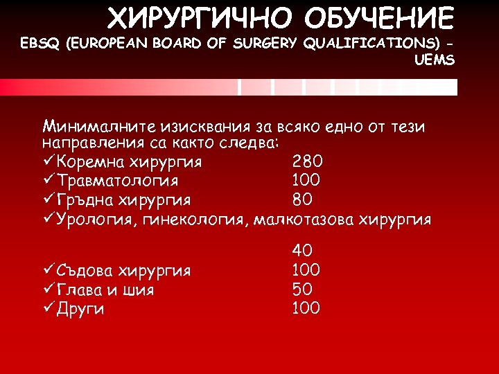 ХИРУРГИЧНО ОБУЧЕНИЕ EBSQ (EUROPEAN BOARD OF SURGERY QUALIFICATIONS) UEMS Минималните изисквания за всяко едно