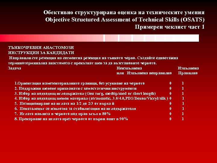 Обективно структурирана оценка на техническите умения Objective Structured Assessment of Technical Skills (OSATS) Примерен